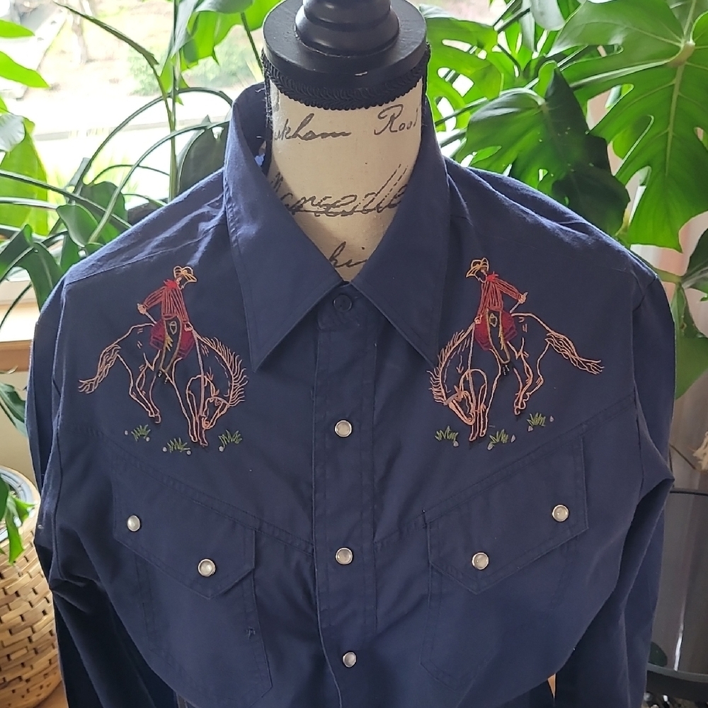 Navy Western Shirt with Embroidered Horses